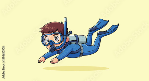Cartoon Scuba Diver Boy Swimming Underwater Adventure.