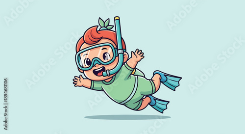 Cute baby snorkeling underwater with mask and fins.