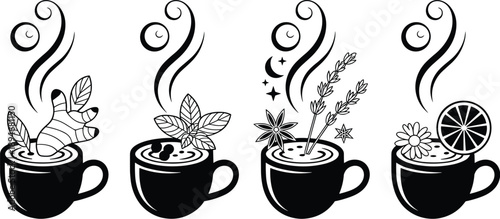 Herbal tea black and white line art collection steaming in cups ginger mint lavender lemon flavor aromatherapy concept for wellness spa relaxation healthy lifestyle beverage menu design website decora