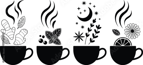 Collection of herbal tea cups with ginger mint lavender chamomile lemon slice ingredients for healthy lifestyle wellness concept monochrome black and white vector illustration for cafe menu spa relaxa