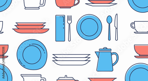 A colorful pattern of various dinnerware and utensils on a white background