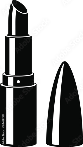 Sophisticated black lipstick standing upright with cap off minimal studio shot beauty product cosmetic illustration for fashion blog banner glamour magazine beauty salon advertisement makeup artist po