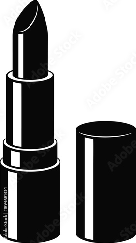 Black lipstick tube with cap opened minimal beauty product for makeup artist providing cosmetic enhancement with dark sensual tone in monochrome graphic illustration for beauty blogs and fashion adver