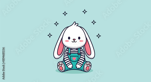 Cute cartoon bunny wearing overalls sitting with stars.