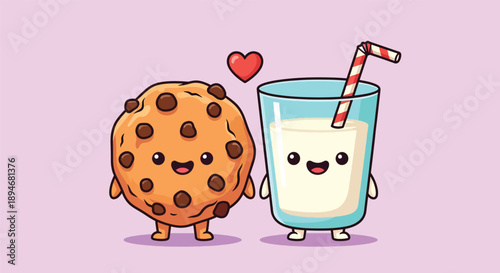 Cute Cartoon Cookie and Milk Glass Holding Hands with Heart.