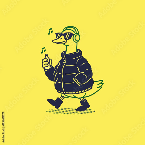 Cool Duck Walking with Headphones and Bottle Cartoon Illustration.