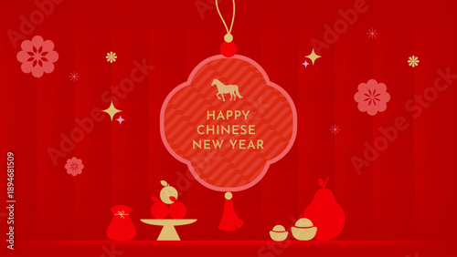 Chinese New Year festive red background with hanging ornament and decorations. Designs for holiday celebration, greeting cards, banners, posters, social media, and marketing designs.