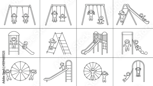 Children playing on playground equipment outline vector illustration set featuring kids swinging sliding climbing and spinning on play structures for school park recreation area designs and childhood