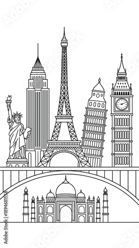 Famous World Landmarks Silhouette Skyline Featuring Statue of Liberty Empire State Building Eiffel Tower Leaning Tower of Pisa Big Ben and Taj Mahal Illustration for Travel Tourism and Global Culture
