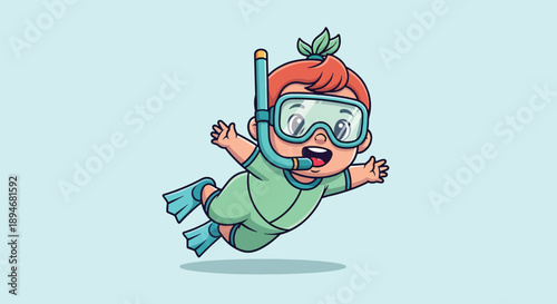 Cute Cartoon Kid Snorkeling Underwater Adventure.