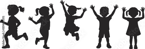 Diverse group of five children silhouettes in various active poses including running jumping and raising arms in joyful celebration