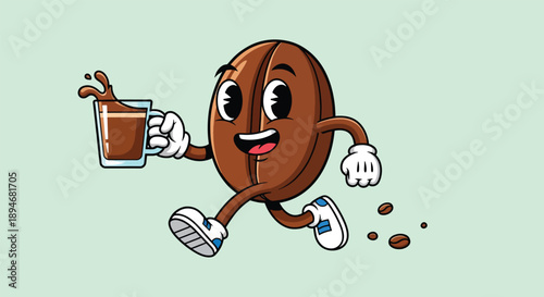 Cute Coffee Bean Character Running with Coffee Cup.