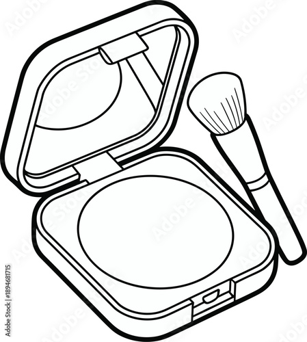 Powder foundation case with brush illustration for beauty product packaging and cosmetic advertising. Black and white makeup compact design for professional skincare routine and female fashion blog mi