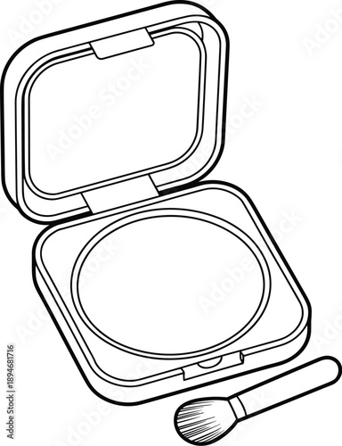 Elegant cosmetic powder box with brush open container for face makeup beauty product packaging illustration in black and white outline simple drawing for beauty blog website banner advertisement marke