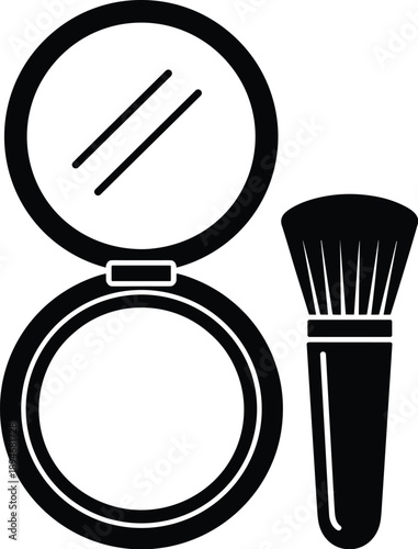 Elegant black and white powder foundation compact with mirror and makeup brush beauty product for cosmetic application minimalist design for fashion blog beauty salon advertising or personal care rout