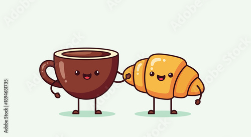 Cute coffee cup and croissant cartoon characters holding hands.