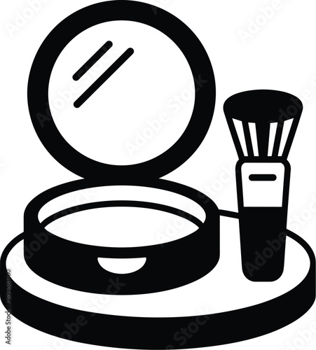 Elegant makeup powder compact and brush illustration for beauty cosmetic product advertising promotions black and white minimalist design for fashion industry makeup tutorials beauty blogs skincare ro