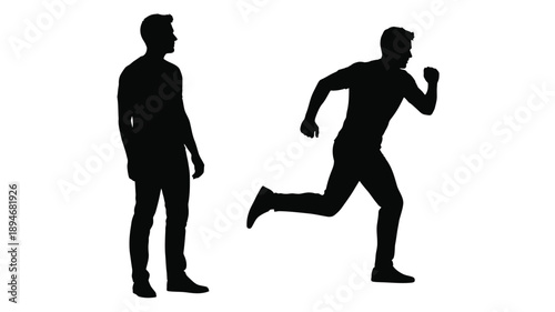 Silhouettes of two men one standing and one running against a white background