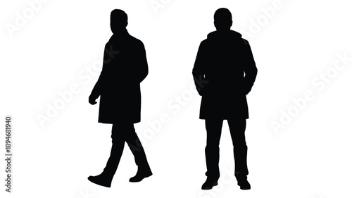Silhouettes of two people walking facing different directions