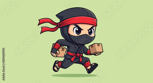 Cute Ninja Running with Package Delivery Cartoon Illustration.