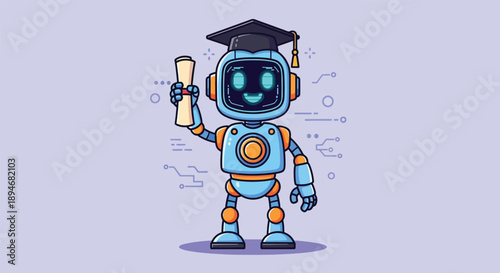 Cute Robot Graduation Holding Diploma and Wearing Graduation Cap.