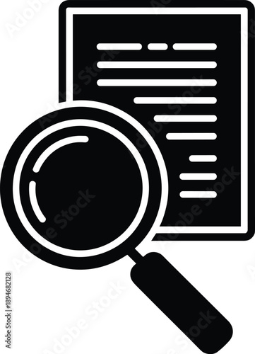Magnifying glass inspecting document report business analysis icon for data research review audit investigation contract terms and conditions corporate finance legal concept in modern minimalist style