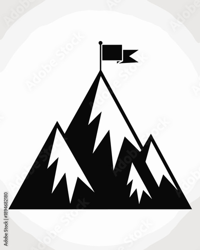 Mountain peak with flag icon reaching summit achievement concept overcoming challenges in monochrome illustration success leadership symbol for business strategy climbing goals and aspirations corpora