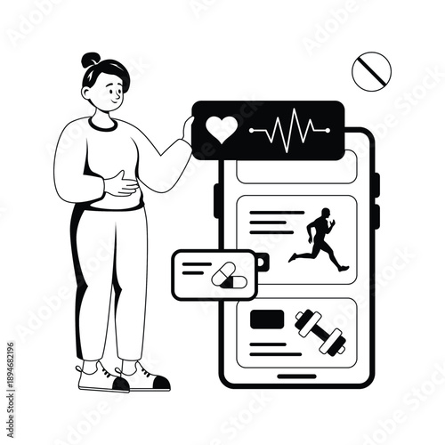 Glyph illustration of woman using health tracking app to monitor heart rate and fitness progress