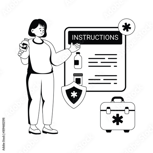 Patient reading medication instructions and dosage guide, glyph illustration