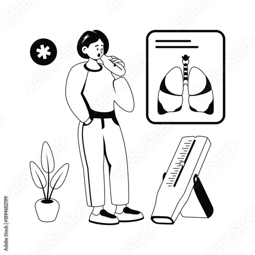 Illustration of a woman using spirometer for lungs health and breathing test