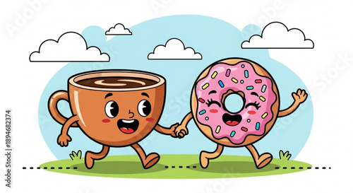 Cute coffee and donut holding hands