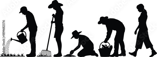 Silhouetted gardeners tending to garden watering raking planting and harvesting crops in spring conceptual illustration for agricultural projects and sustainable living themes in vibrant black and whi