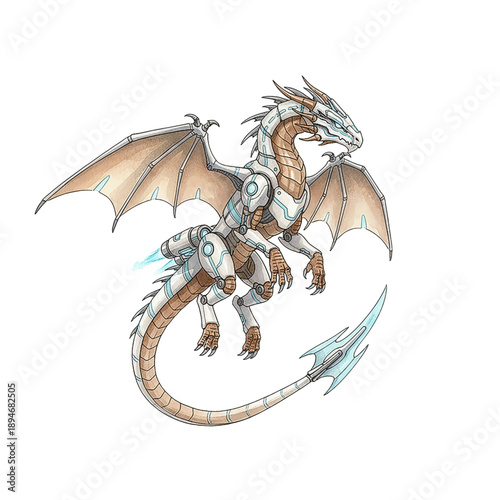 A powerful cybernetic dragon with mechanical boosters and a spear tipped tail poised for flight fantasy illustration