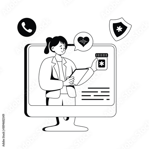 Glyph illustration of online doctor consultation, mobile app, telemedicine and virtual healthcare.