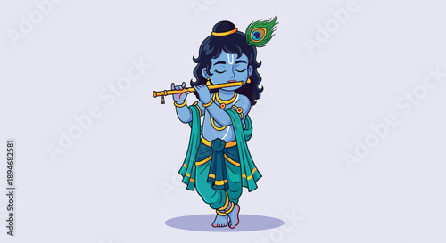 Little Krishna playing flute Hindu deity religious art.