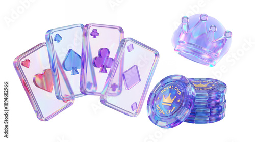 Set of casino gambling icons including playing cards chips and crown in iridescent glass style