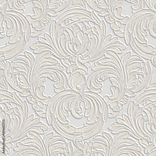Luxury 3D embossed white Baroque seamless pattern. Elegant plaster textured vector damask ornament with beautiful floral scrolls and rococo relief. Classic architectural emboss wall texture for decor.