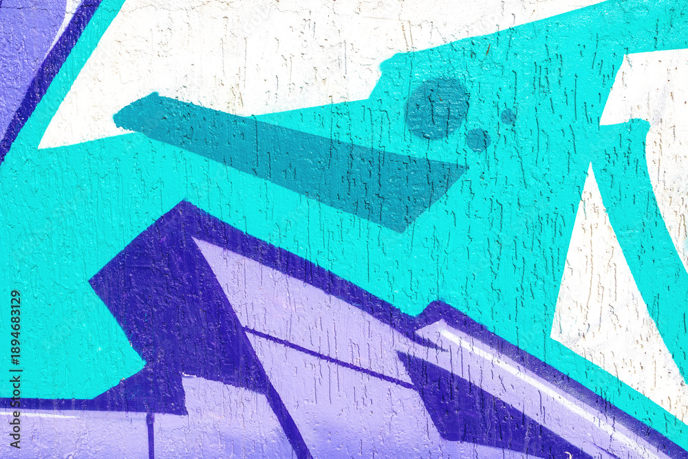 Fototapeta premium Closeup of geometric abstract graffiti in turquoise, purple, lavender on white textured wall. Street art style, modern urban, bold shapes, sharp angles. Banner, flyer, website header, digital art