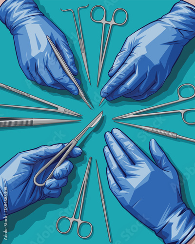 Sterile gloved hands using surgical instruments on operating table for precise medical procedure professional healthcare illustration emergency room operation modern vector graphic for hospital brochu
