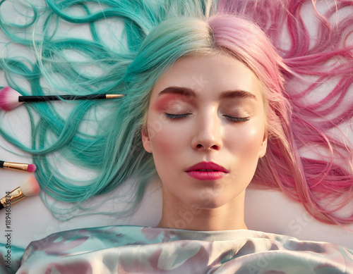 Beauty Portrait of Woman with Pastel Hair and Makeup Brushes, Eyes Closed