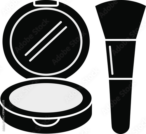 Black and white makeup powder compact with mirror and face brush for beauty and personal care in beauty industry for cosmetics advertising and product presentation in a minimalist modern fashion style