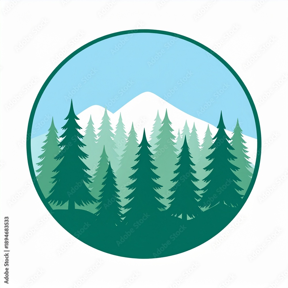 Obraz premium Evergreen forest mountain landscape circle frame nature scenery green trees snow peak blue sky