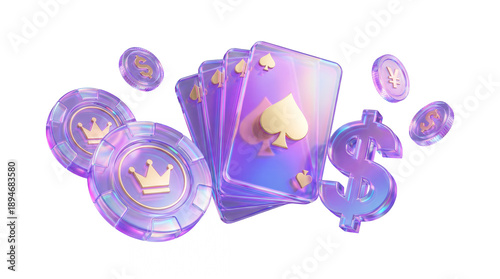 Casino gambling elements in holographic glass style with spade playing cards poker chips and currency symbols