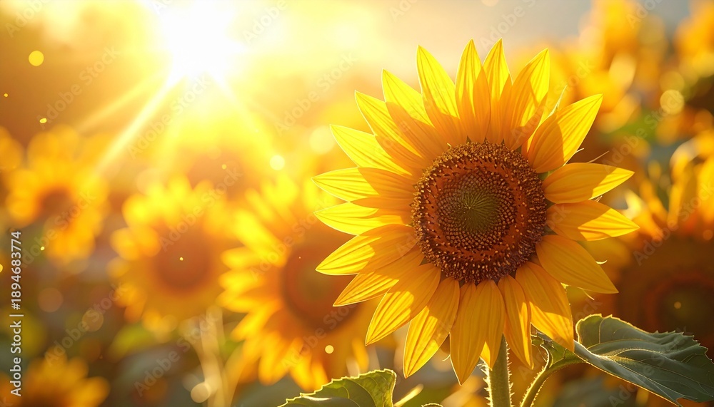 Obraz premium Bright yellow sunflower field at golden hour with sunlight rays and warm glow