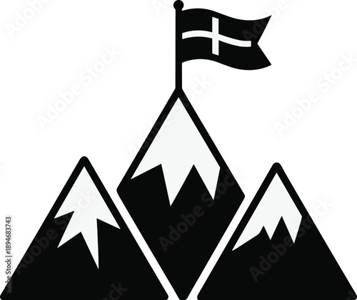Mountain peak with flag illustration for achievement and success concept vector design icon symbolizing leadership ambition challenge reached target summit goal destination in outdoor adventure busine