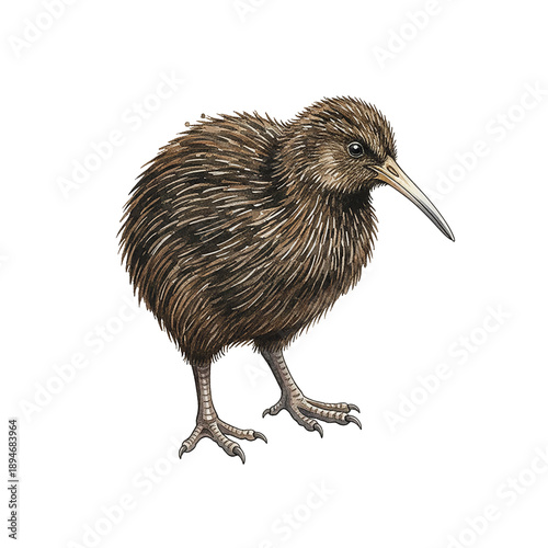 Watercolor Illustration of a Brown Kiwi Bird Standing with Splatter Details and a Long Beak on White Background