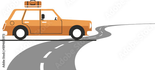 Vibrant orange car with luggage driving on winding road to adventure