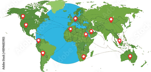 Global connections map with multiple location markers worldwide