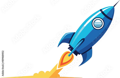 Vibrant blue rocket launching into sky with fiery trail