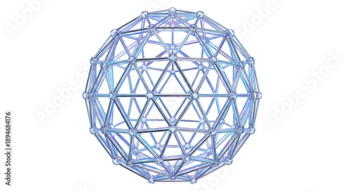 Geodesic sphere in iridescent glass style. Abstract geometric wireframe structure with holographic lattice design.
